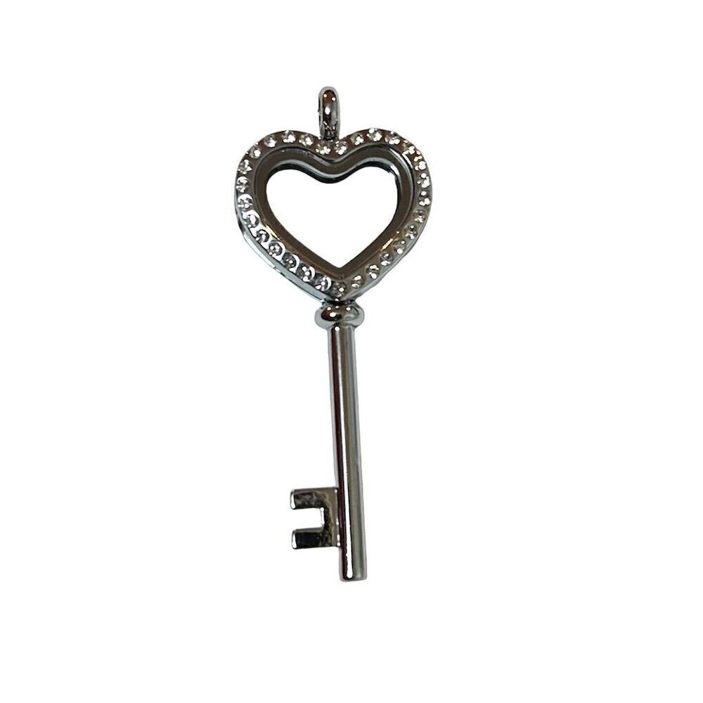 Silver Heart Key Pendant with Rhinestones
